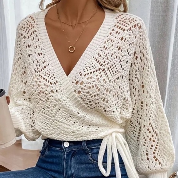 Off White or Milky White Knit Semi Sheer Wrap Sweater - Decorative Side Tie - Picture 16 of 16